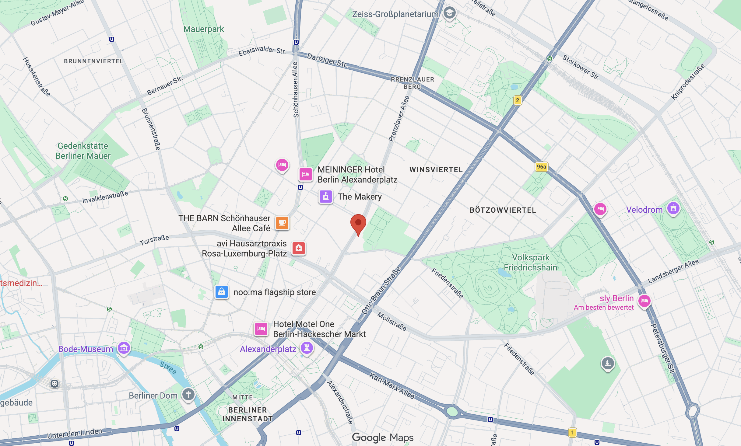 Stadtplan Berlin-Mitte mit Markierung des Standorts Prenzlauer Allee 7 nahe Alexanderplatz